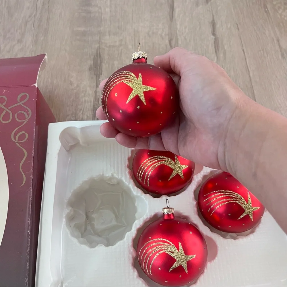 Vintage 4 PCs Hand Blown Hand Decorated Ornaments - Red With Gold Shooting Stars